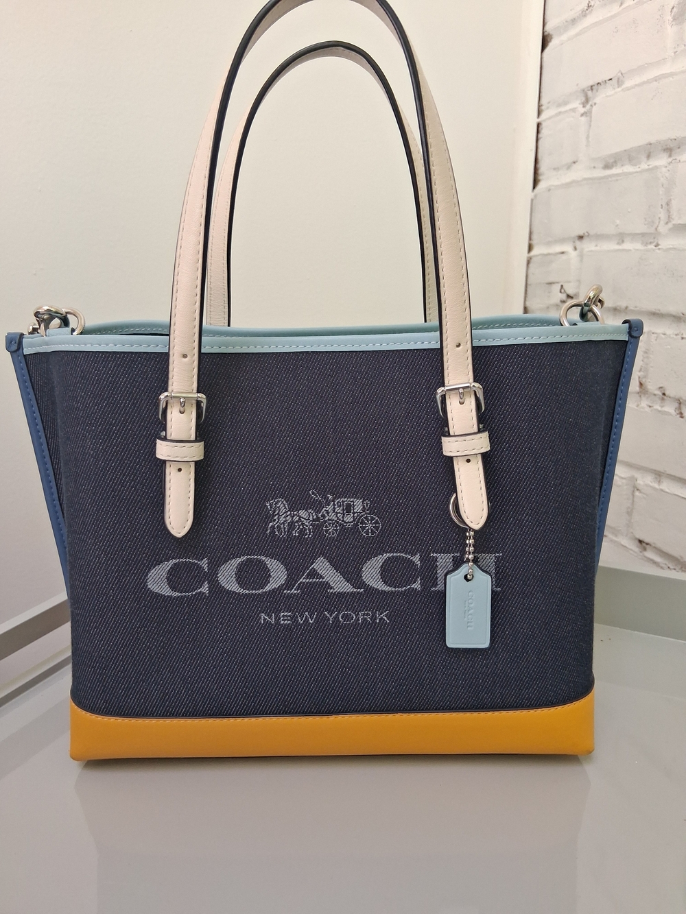 Coach Mollie Denim Colorblock Tote - Navy, Yellow & Light Blue